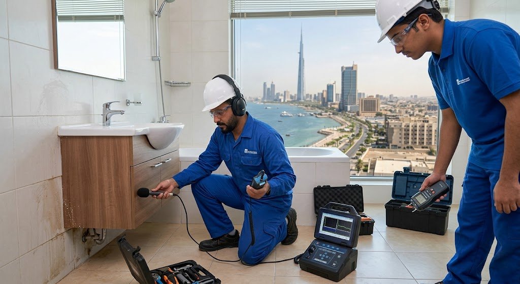 فني متخصص يستخدم أجهزة كشف تسربات بجدة الحديثة لتحديد أماكن الخلل بدقة عالية وبدون تكسير