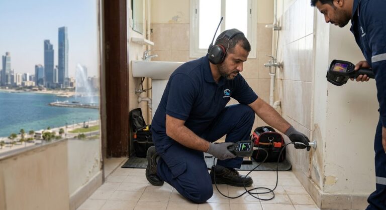 فني متخصص يستخدم جهاز كشف تسربات المياه بجدة - أحدث التقنيات لتحديد أماكن الخلل بدقة عالية وبدون تكسير