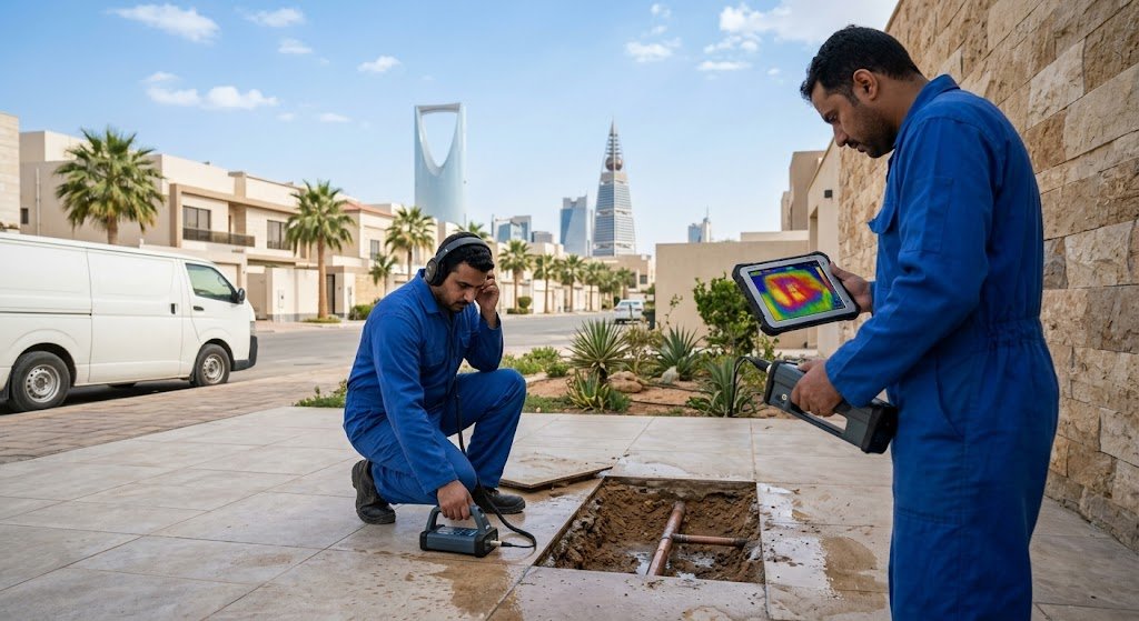 أجهزة استشعار متطورة ومعدات فحص إلكترونية تُستخدم في مهام كشف تسرب المياه حي البغدادية بجده لضمان تحديد مواقع الخلل بدقة عالية دون الحاجة لتكسير الجدران أو الأرضيات