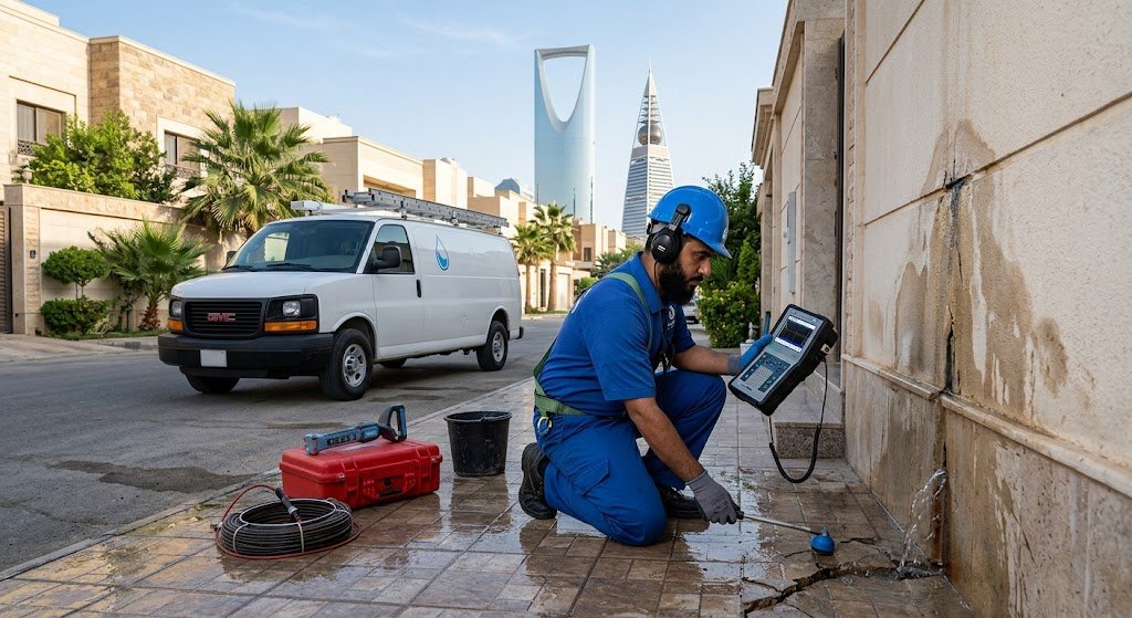 معدات رقمية حديثة مثبتة على أرضية حمام لرصد التشققات المخفية ضمن أعمال كشف تسربات المياه الحرازات جدة بأعلى معايير الدقة وبدون الحاجة لأي تكسير