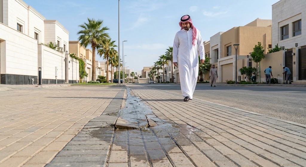 فني متخصص يستخدم أجهزة استشعار حديثة لإتمام أعمال كشف تسربات العوالي بجدة داخل جدران وأرضيات أحد المنازل بدقة عالية وبدون تكسير