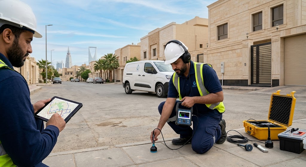 فني محترف يستخدم أجهزة إلكترونية حديثة للقيام بأعمال كشف تسربات البغدادية جدة داخل حمام منزل بدقة عالية وبدون تكسير لضمان سلامة الجدران