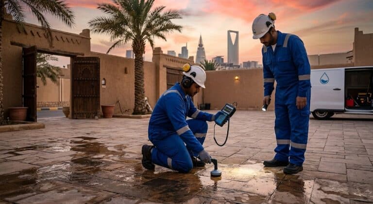 فني محترف يستخدم أجهزة استشعار حرارية وصوتية متطورة لتحديد أماكن الخلل بدقة ضمن أعمال كشف تسرب المياه حي الكندره بجده لضمان معالجة المشاكل دون تكسير وحماية البنية التحتية للمنزل