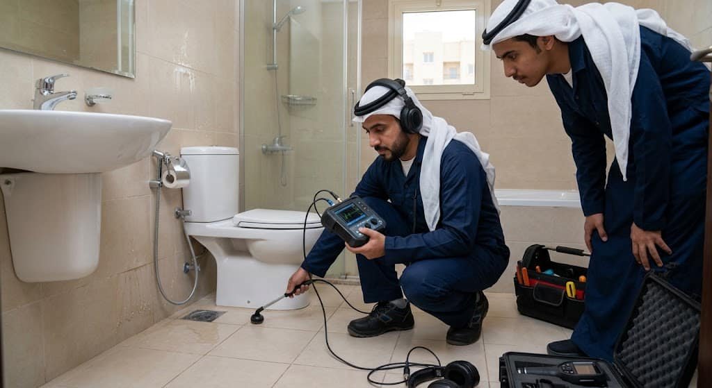 فريق متخصص يقوم بفحص وكشف تسربات المياه بأحدث الأجهزة ضمن خدمات كشف تسرب المياه حي البساتين بجدة