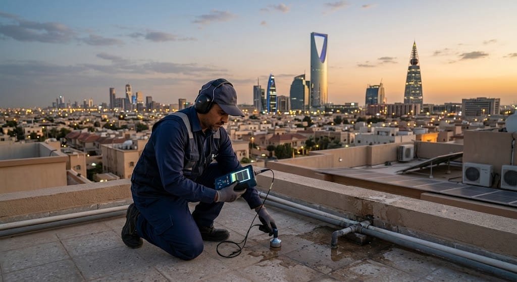 فني متخصص يقوم بفحص وكشف تسربات المياه بدقة باستخدام أحدث الأجهزة ضمن خدمات كشف تسرب المياه حي المرجان بجدة