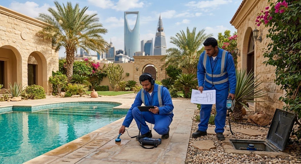فريق متخصص يقوم بفحص وكشف تسربات المياه بأحدث الأجهزة ضمن خدمات كشف تسرب المياه حي المحمدية بجدة